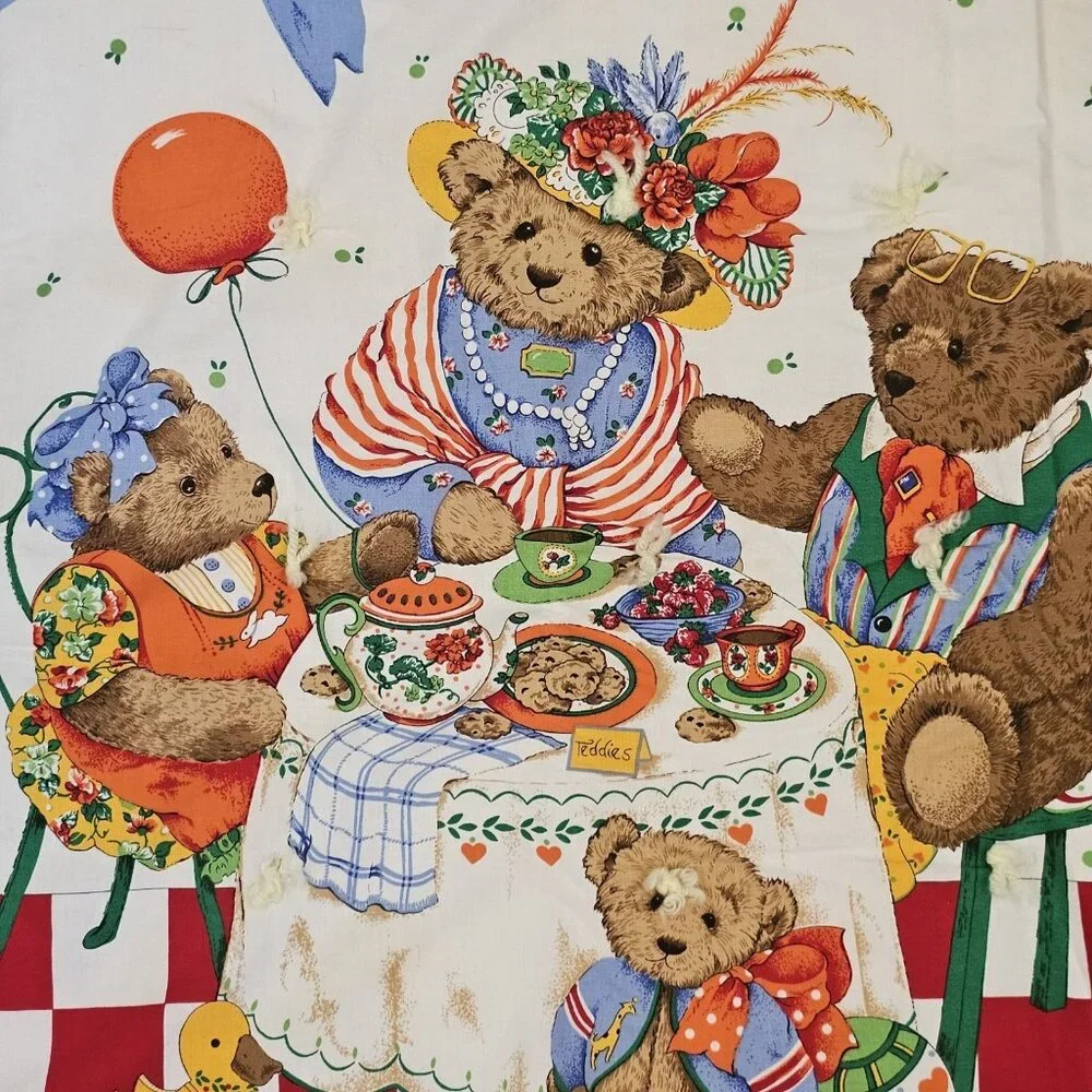 VTG 90s Teddy Bear Baby Quilt Blanket‎ Family Tea Party Blue
